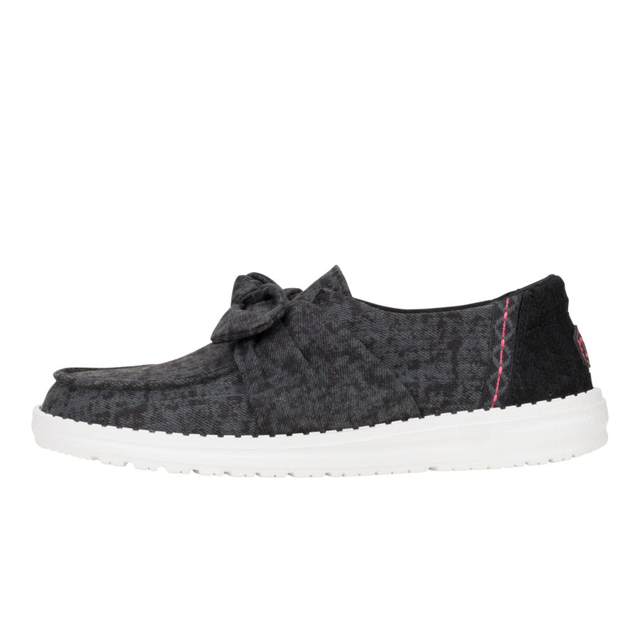 Black Surf Wash Slip-On Shoes with Bow & Crochet Heel | Wendy