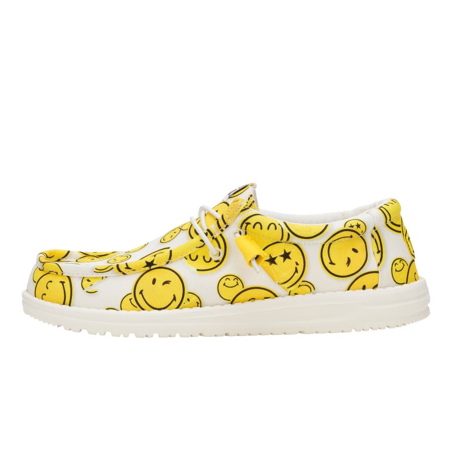 HEYDUDE Wally Smiley Shoes for Men | White/Yellow Casual Slip-Ons