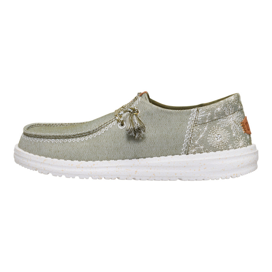 Embroidered Floral Slip-On Shoes with Tassels | Wendy Funk Olive